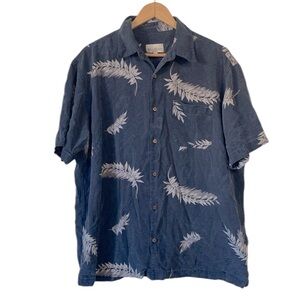 Bill Blass Men's silk palm leaves short sleeve Button Down Shirt Dark Blue L